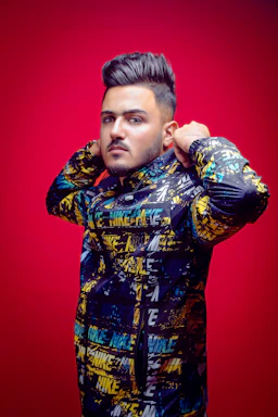 A stylish model wearing a customizable jacket with vibrant color shifts, captured in multiple angles.