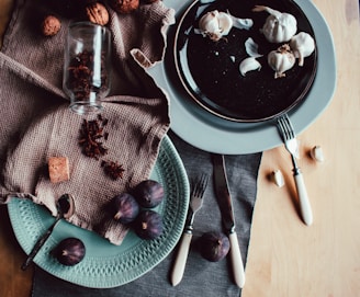 A rustic table setting with fudge and fresh ingredients around.
