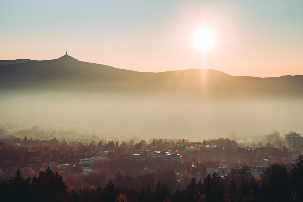 green trees and mountains during sunrise