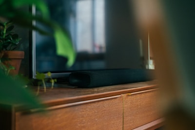 A wooden TV stand with a modern television and a soundbar placed on top. To the left, a potted plant adds a touch of greenery, with a blurred leaf in the foreground adding depth to the scene. The background is out of focus, suggesting a cozy living room environment.