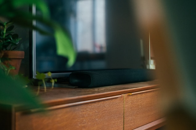 A wooden TV stand with a modern television and a soundbar placed on top. To the left, a potted plant adds a touch of greenery, with a blurred leaf in the foreground adding depth to the scene. The background is out of focus, suggesting a cozy living room environment.