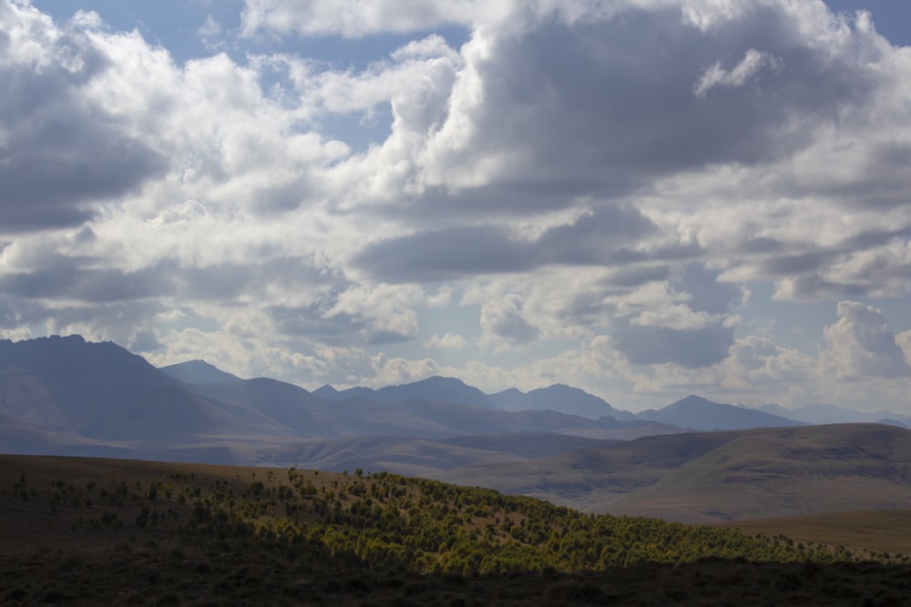 campo de hierba verde cerca de las montañas bajo nubes blancas durante el día