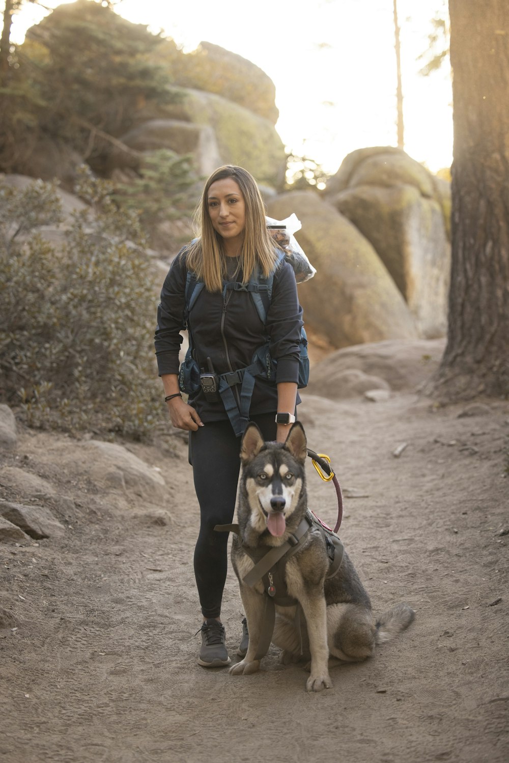 woman in blue denim jacket standing beside black and white short coat large dog during daytime