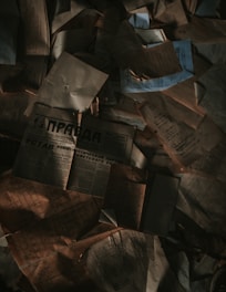 A collection of old, weathered documents and newspapers scattered in a disorganized manner. The papers are crumpled, and some have shadowy areas creating a dim, mysterious atmosphere.
