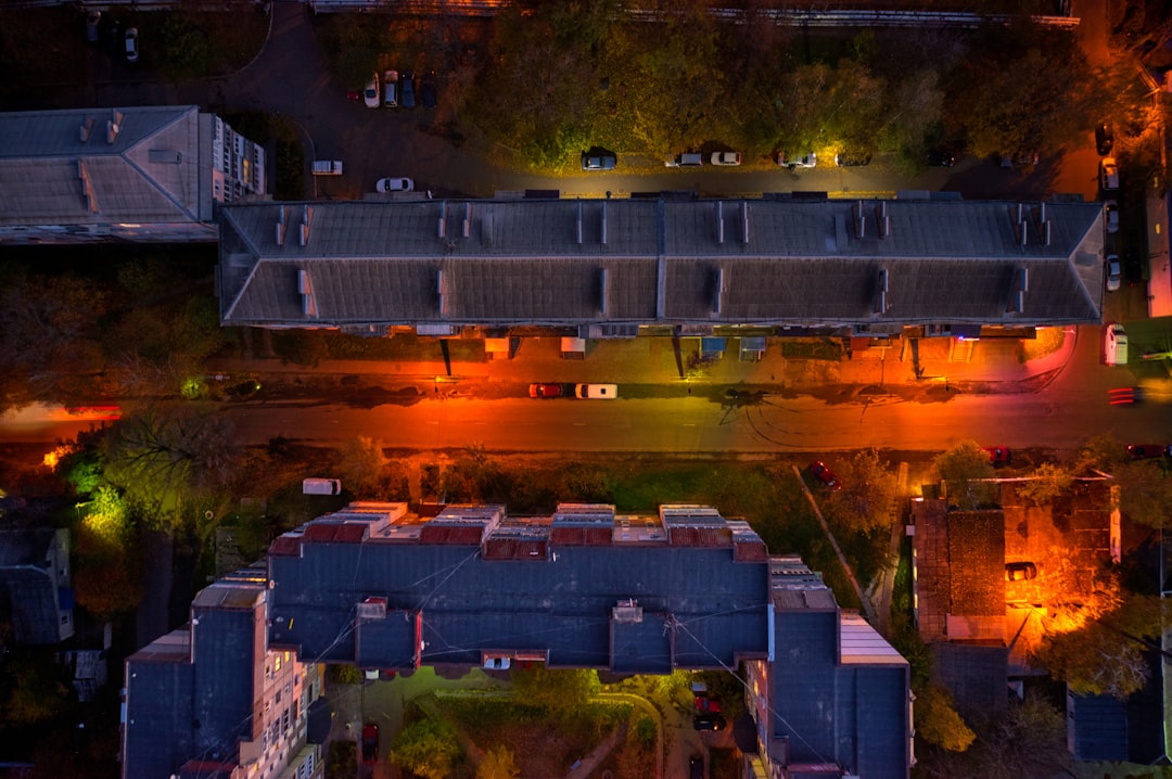 aerial view of city buildings during night time