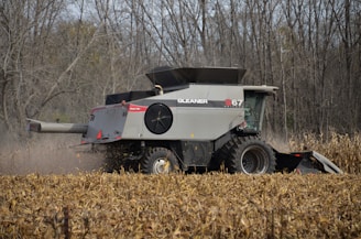 A large agricultural combine harvester is working in a cornfield, threshing the crops. The machine is gray with large wheels and is kicking up dust as it operates. The surrounding area is filled with dried cornstalks and bare trees in the background, indicating a late autumn setting.