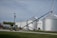 A green tractor is parked on a gravel path near a farm building. Adjacent to the tractor, there is an agricultural auger conveyor connected to large silver grain silos. Several power lines and a utility pole are visible, with grassy areas surrounding the scene.