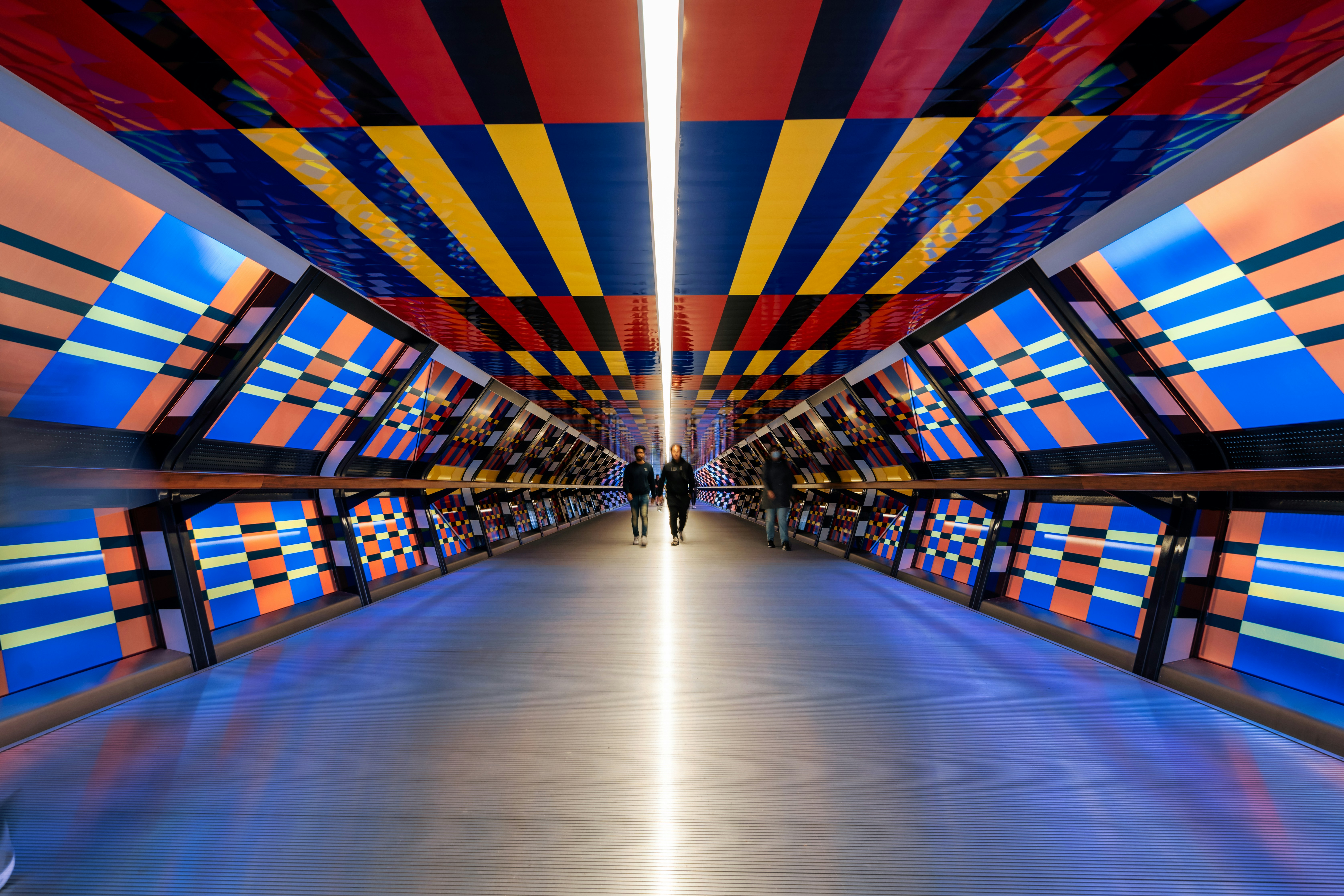 blue red and yellow striped ceiling