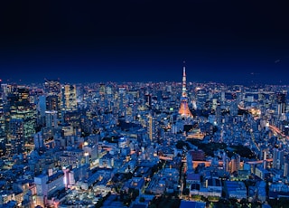 aerial view of city buildings during night time