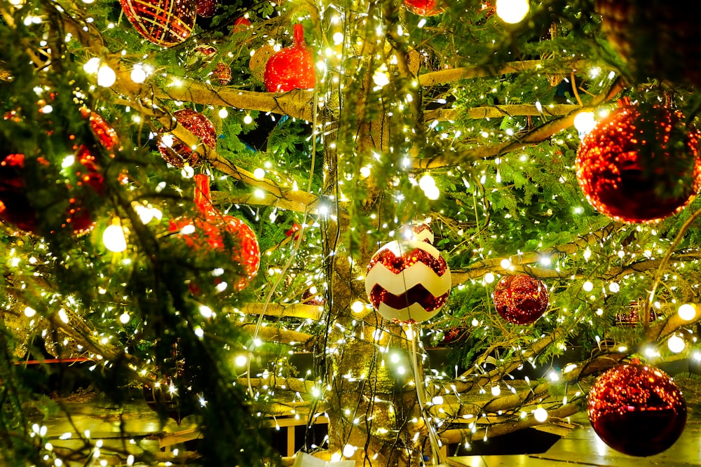 red and white baubles on green christmas tree