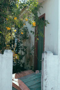 A cozy garden gate framed by blooming flowers and soft sunlight filtering through leafy trees.