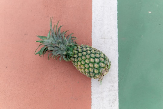 A pineapple lies on a color-blocked background featuring a red, white, and green surface. The fruit is positioned parallel to the white stripe, creating a stark contrast between its organic texture and the flat, colorful flooring.