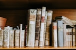 assorted books on brown wooden shelf