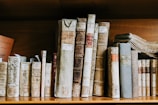 assorted books on brown wooden shelf