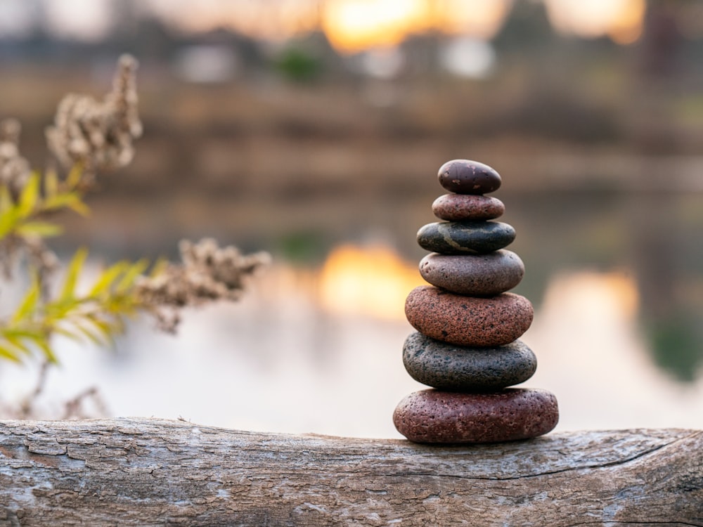 brown stone stack on brown wooden log