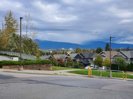 Residential neighborhood with modern multi-story houses surrounded by trees. A paved road and some street lamps are visible in the foreground. The background features a range of mountains under a cloudy sky.