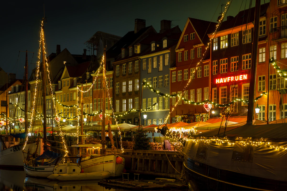 Christmas lights and decorations over the Nyhavn waterfront in Copenhagen
