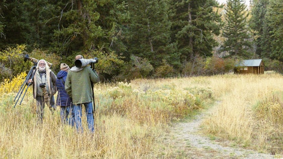 A group of people stand in a grassy field surrounded by dense trees. They are holding cameras with large lenses and tripods, suggesting they are wildlife photographers. The scene is set in a natural environment with a small wooden cabin visible in the background.