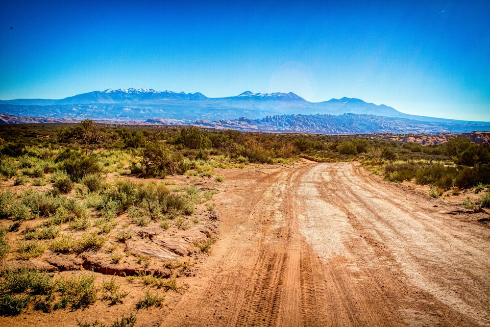 brown dirt road between green grass field under blue sky during daytime