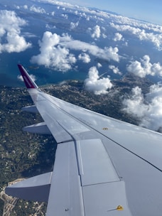 Aerial view of a private jet flying over scenic landscapes.