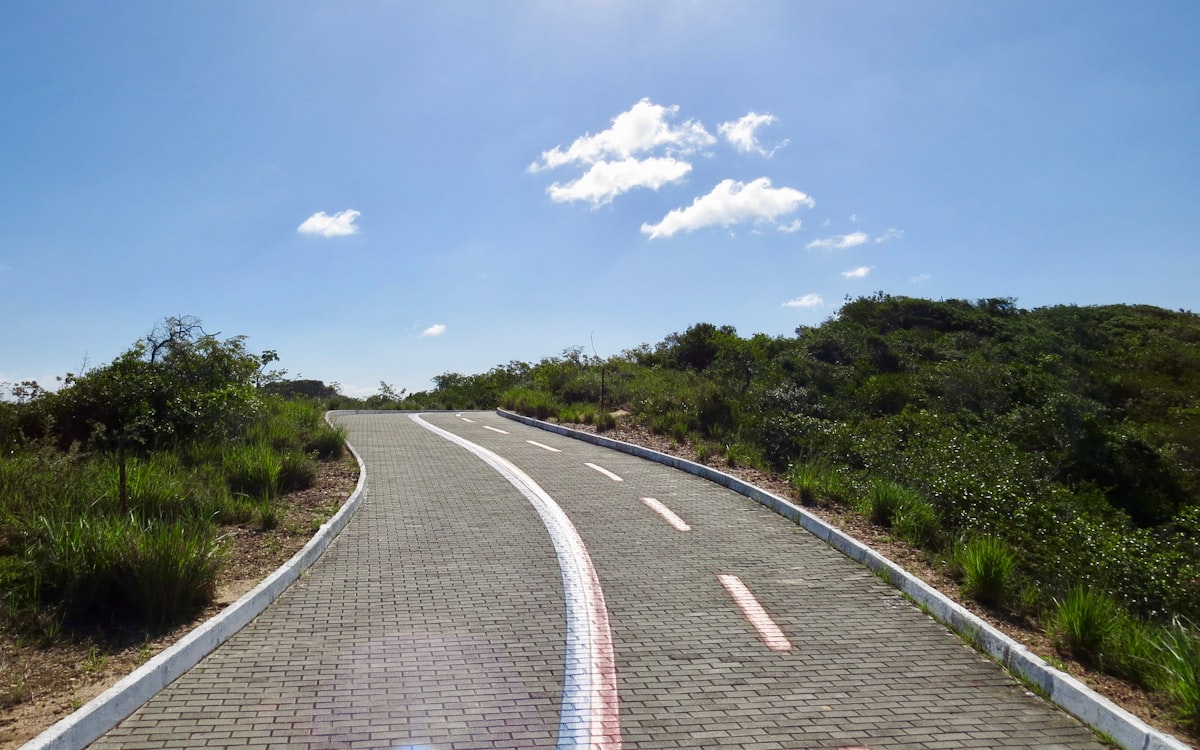 A road stretching forward between green trees under a blue sky, the open path after completing Sober October