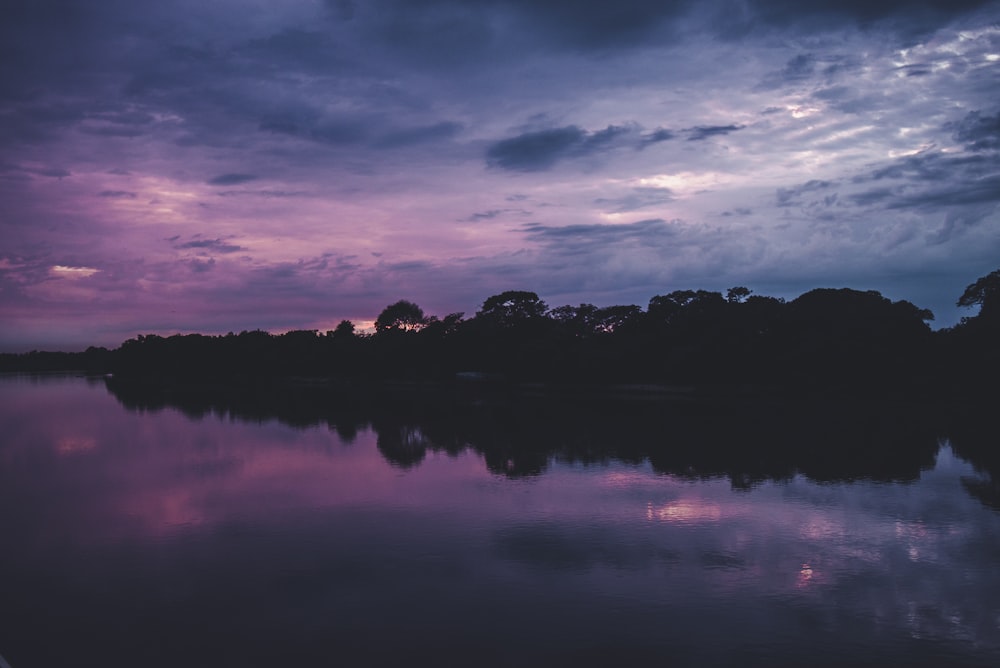 body of water near trees during sunset