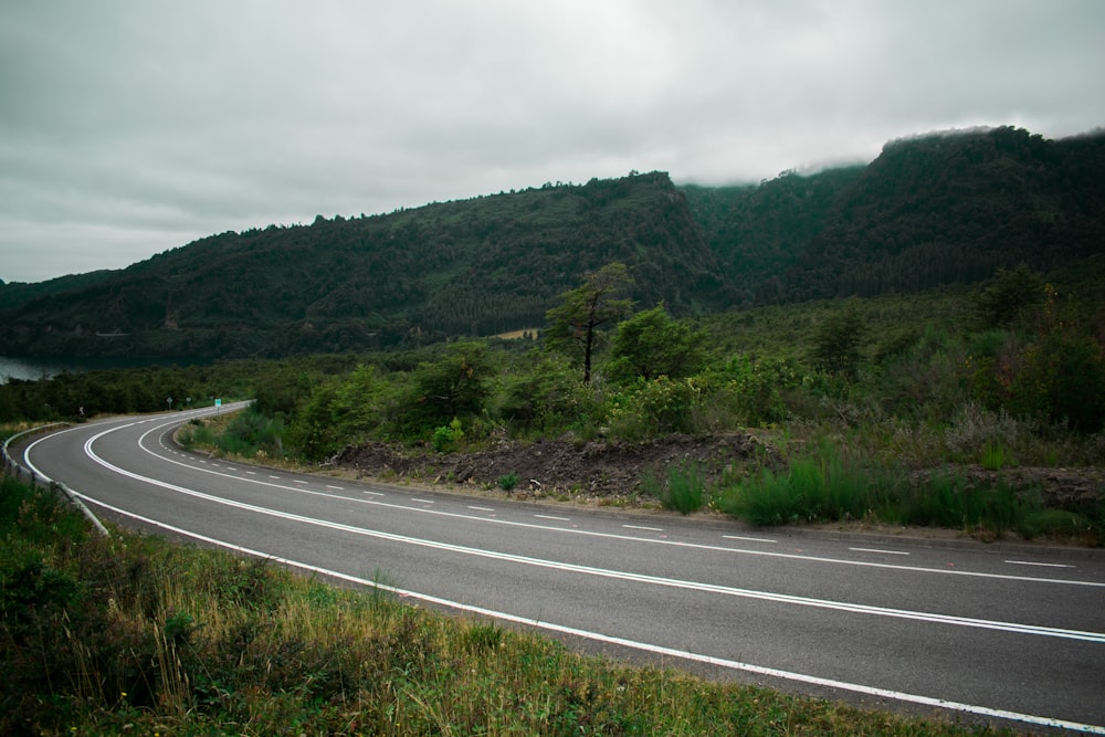 gray asphalt road between green grass field during daytime