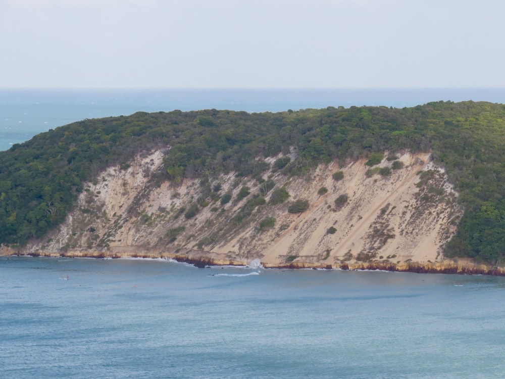 green and brown mountain beside blue sea during daytime