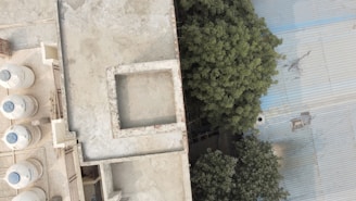 An aerial view of a rooftop with several water tanks lined up along the left side. The roof has a rectangular opening in the center, while the right side features dense green foliage next to a large corrugated metal roof.