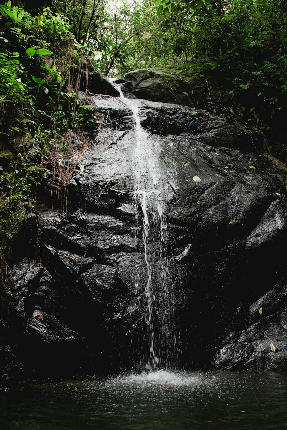 L'acqua cade sulla montagna rocciosa