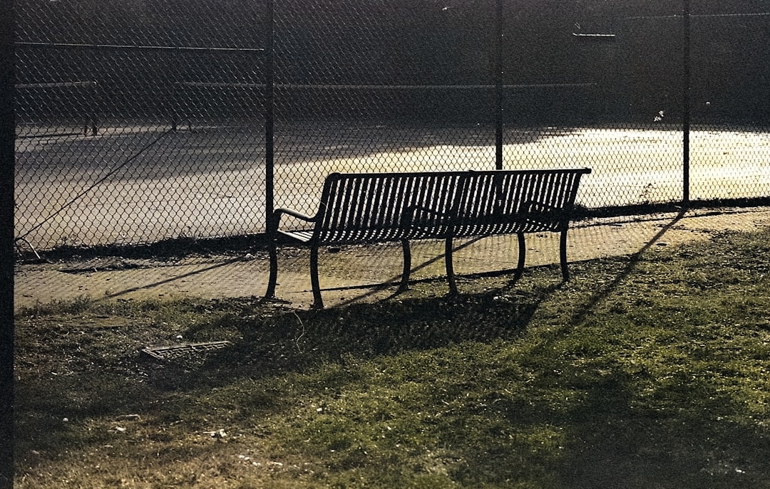 black metal bench on green grass field near gray metal fence during daytime