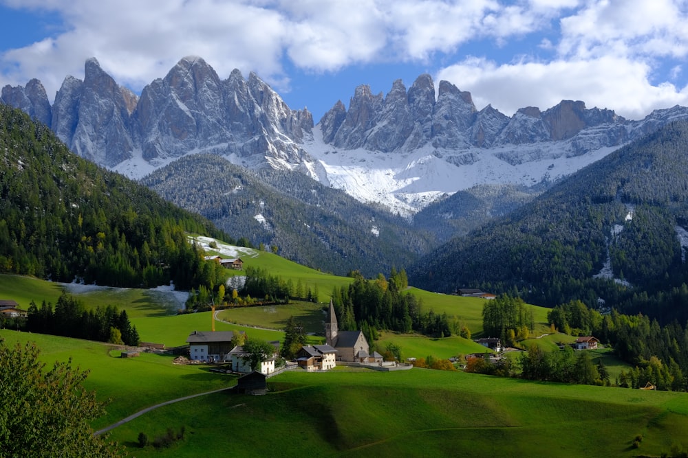 campo di erba verde vicino alla montagna coperta di neve durante il giorno