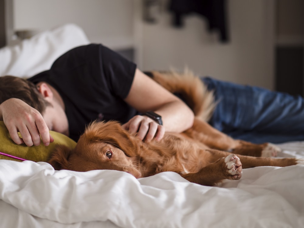 person in black shirt lying on bed