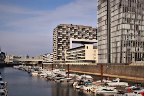 Wide shot of Düsseldorf Medienhafen waterfront with contemporary buildings under a clear sky.