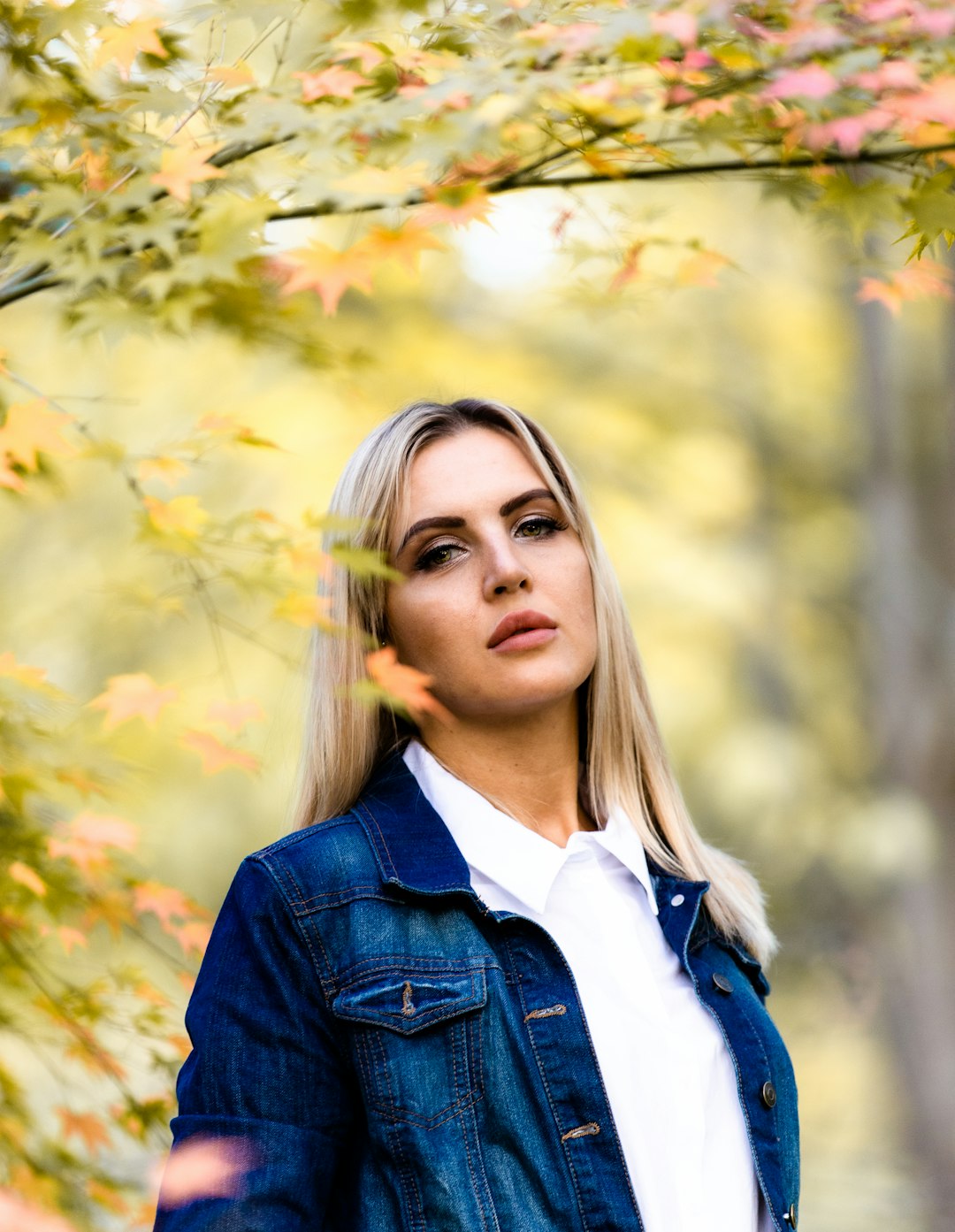 woman in blue denim jacket standing near green trees during daytime