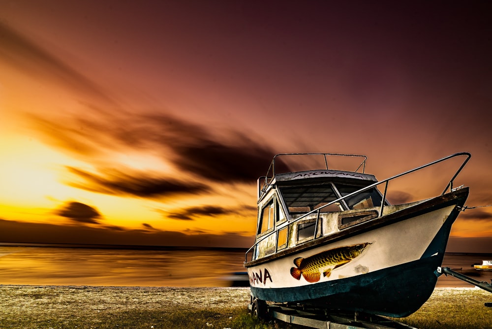 white and blue boat on sea shore during sunset