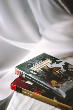 Two books are placed on a smooth white fabric surface. The book on the top features a cover with an illustration of a classic story involving characters and a scenic backdrop. The book underneath has a maroon and gold spine.