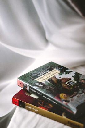 Two books are placed on a smooth white fabric surface. The book on the top features a cover with an illustration of a classic story involving characters and a scenic backdrop. The book underneath has a maroon and gold spine.