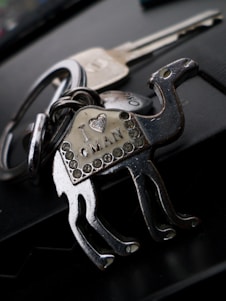 A metallic keychain shaped like a camel with decorative rhinestones. The body of the camel has an inscription that reads 'I ♥ Oman'. In the background, there is a blurred view of two metal keys attached to the keychain.