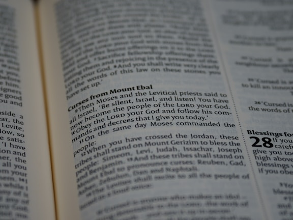 An open book with visible text, focusing on a passage that discusses blessings and curses from Mount Ebal. The text is clear, with headings to delineate sections.