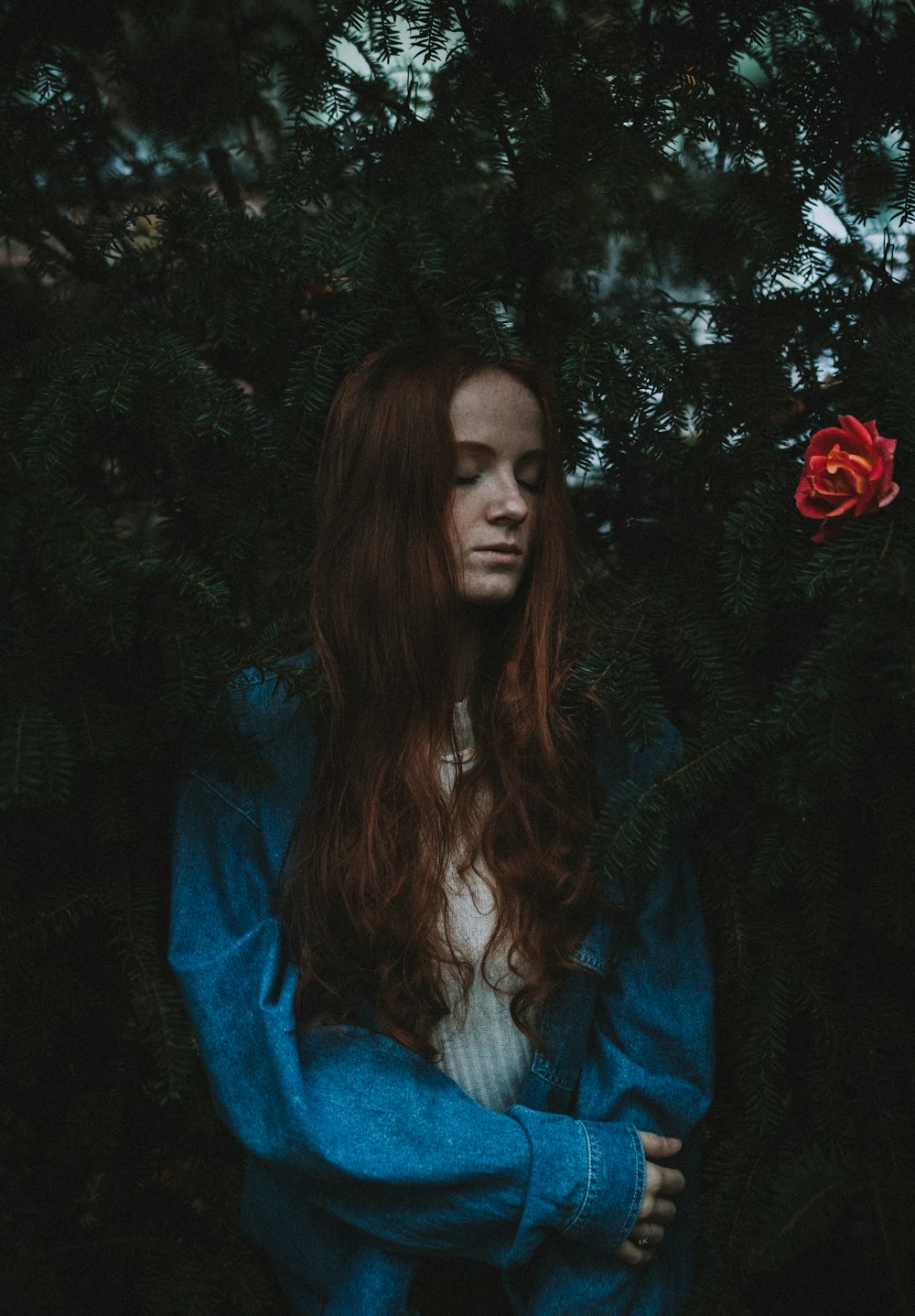 woman in blue denim jacket standing near green plant