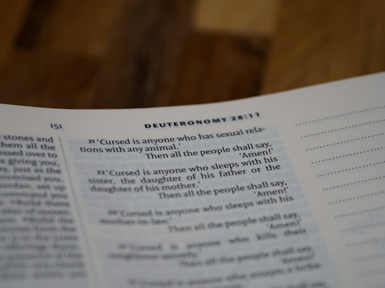 Text on an open page of a religious book, specifically the Book of Deuteronomy, with verses discussing various moral and ethical prohibitions.