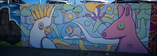 Brightly colored mural featuring stylized animals including a large bird, a smaller bird in flight, a sheep, and a horse. The background includes abstract trees and a sun. The artwork is playful with bold outlines and a cartoon-like appearance.