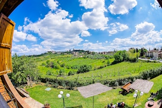 A picturesque countryside landscape features rolling green hills and lush vineyards under a bright blue sky with scattered white clouds. In the foreground, wooden structures, possibly pergolas, provide shade over tables and chairs on a well-manicured lawn. Traditional buildings can be seen on the hillside, creating a serene and pastoral setting.