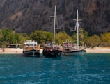 Three boats are anchored near a sandy beach with lush greenery and a rocky hillside in the background. The boats, named 'Deep Blue', 'Aqua', and another vessel, are moored side by side in the clear, calm water. People can be seen on and around the boats, likely enjoying leisure activities. The scene has a tranquil and inviting atmosphere, suggesting a popular spot for tourists or locals.