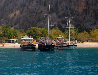 Three boats are anchored near a sandy beach with lush greenery and a rocky hillside in the background. The boats, named 'Deep Blue', 'Aqua', and another vessel, are moored side by side in the clear, calm water. People can be seen on and around the boats, likely enjoying leisure activities. The scene has a tranquil and inviting atmosphere, suggesting a popular spot for tourists or locals.