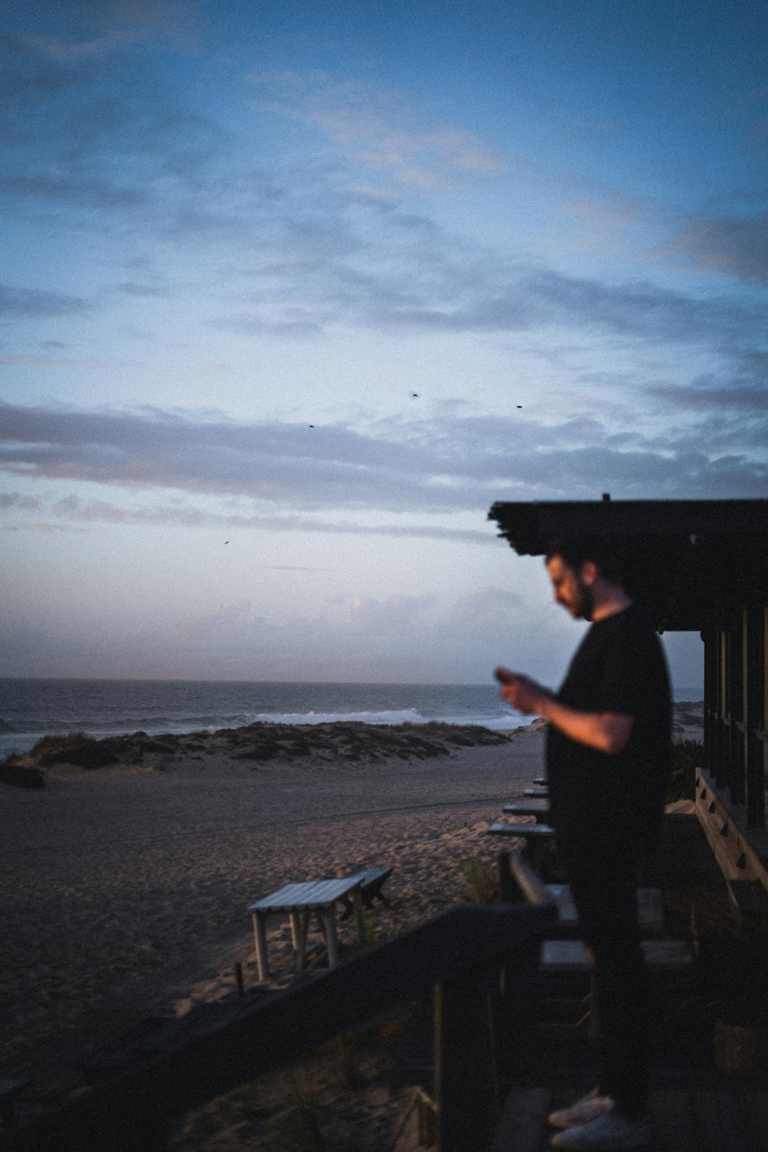 man in black t-shirt standing on brown wooden stairs near sea during daytime