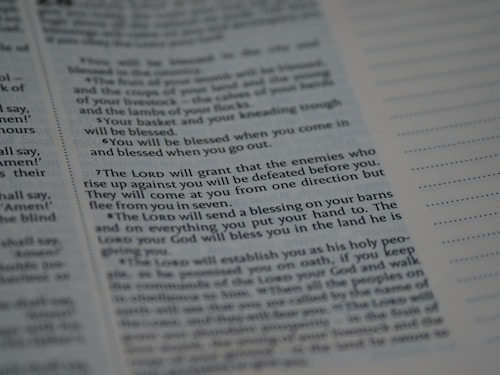 Text from a religious or spiritual book is visible on an open page. The words are printed in a formal font, and the page is filled with neatly organized columns of text. The focus is on a specific passage that appears to be discussing blessings and protection.