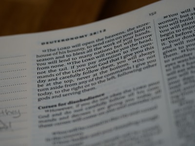An open page of a book with text that includes a religious context, possibly from a Bible. The page is slightly tilted, and the focus is on the middle section of the page, making the text towards the edges blurry. The text appears to discuss themes related to divine blessings and instructions.
