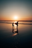 A sunset silhouette of the father and daughter walking side by side along a beach.